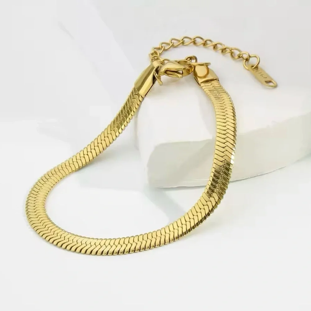 Stainless Steel Smooth Gold Bracelet Snake Chain Men and Women 7”+2”